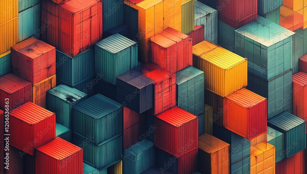 Poster vibrant abstract arrangement of shipping containers in vivid colors and varying textures, capturing 