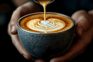 A barista preparing a cappuccino in a modern café, creating latte art. A scene of skill and aesthetics