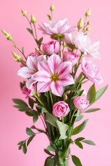 Pink flower bouquet in glass vase on pink background.