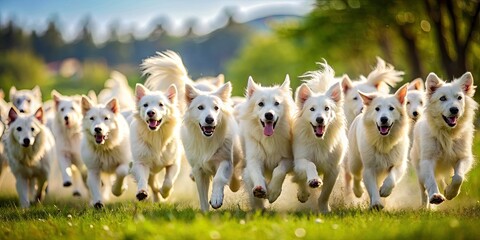Sunny Day, White Dogs Running, Tilt-Shift Photography, Miniature Effect, Canine Fun