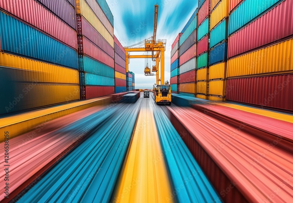 Poster vibrant shipping containers in a dynamic port setting with crane in motion, showcasing colorful carg