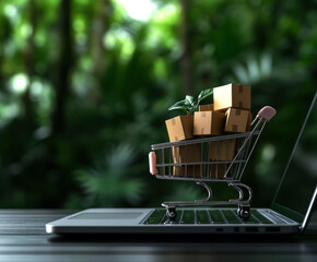 A shopping cart filled with cardboard boxes and a small plant stands on a laptop, symbolizing the blend of e-commerce and sustainability in the digital age.
