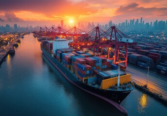 Vibrant Sunset Over a Busy Shipping Port with Container Ship Loading Cargo Amidst City Skyline and Reflections in Water