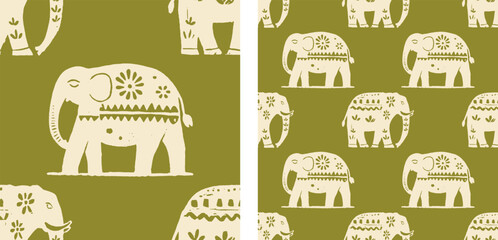 Indian Elephants Cute Animal India Motif Green Seamless Pattern Vector Illustration © Levin