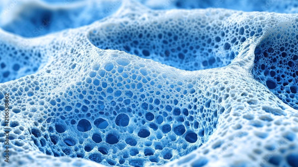 Poster intricate blue and white porous structure close-up microscopic view of a textured foam-like substanc