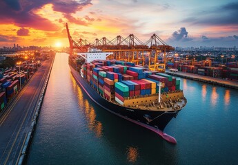 Fototapeta premium Vibrant Sunset Over Container Ship and Port, Showcasing Colorful Cargo Boxes and Industrial Cranes, Synergizing Nature and Commerce in a Busy Harbor Scene
