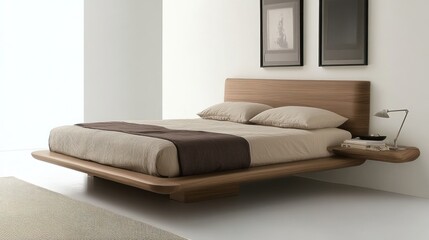 Minimalist wooden bed with floating nightstand in a modern white bedroom with two framed pictures