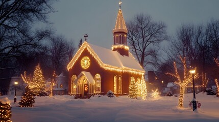 Fototapeta premium A snow covered church glows with Christmas lights