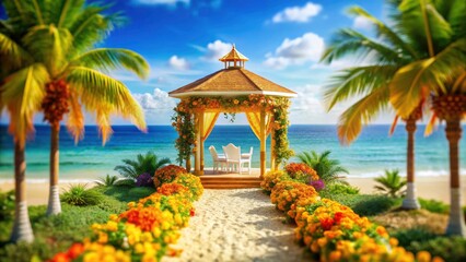 Tropical Wedding Gazebo, Tilt-Shift Photography, Yellow Orange Flowers, Miniature Wedding Scene,  Romantic Island Ceremony
