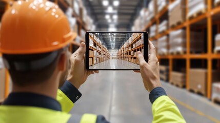 Worker using AR to locate specific cargo in a warehouse, smart tracking systems, advanced logistics technology