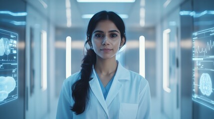 Fototapeta premium Indian Female in Modern Laboratory with Medicine Holograms