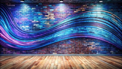 Abstract Swirling Blue and Purple Design on Brick Wall with Wooden Floor