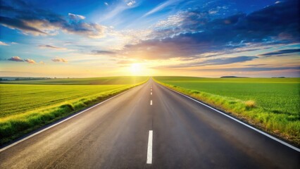 Fototapeta premium Asphalt road vanishing point at sunset over vibrant green fields