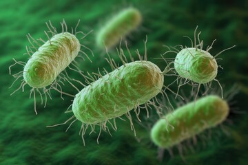 Fototapeta premium Microscopic image of rod-shaped bacteria with flagella. Illustrates bacterial structure for microbiology studies.