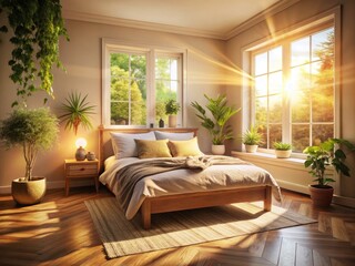 Sunlit Bedroom Photography: Tranquil Wooden Headboard, Warm Sunlight, Cozy Interior Design