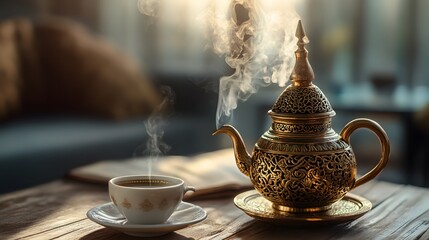 Ornate teapot and steaming cup of tea on wooden table