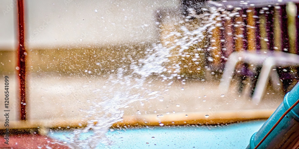 Poster a pool with a blue slide and a chair