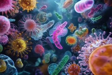 Vibrant microscopic organisms, diverse colors. Illustrates the complexity of microbiomes, ideal for science, health, or education.