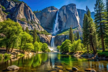 Yosemite Falls Panoramic Summer View Merced River Swinging Bridge National Park