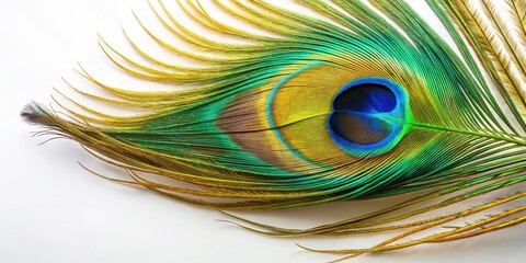 Obraz premium Close-up view of a vibrant peacock feather, showcasing its iridescent colors and intricate detail against a plain white background
