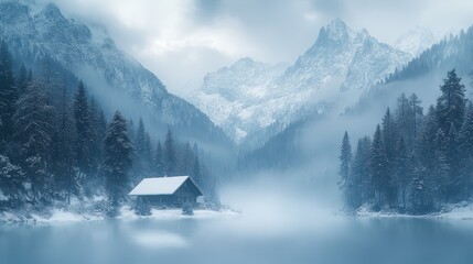 Fototapeta premium Serene Winter Wonderland: Misty Mountains, Cabin by Frozen Lake