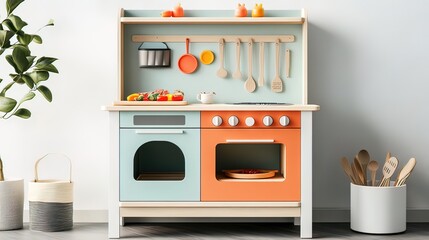 Pastel-colored wooden toy kitchen with utensils, vegetables, and a plant.