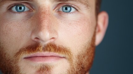 Obraz premium Intriguing Gaze: A close-up portrait of a man with piercing blue eyes and a neatly trimmed beard, capturing the intensity and depth of his gaze. 