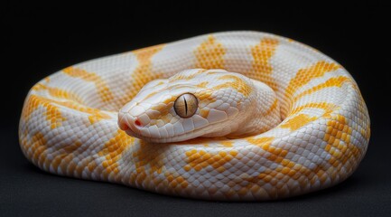 Fototapeta premium Albino python coiled, studio shot, black background, reptile pet (1)