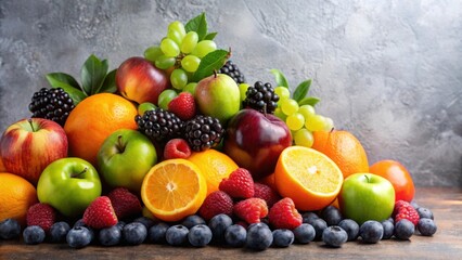A Bountiful Collection of Fresh Fruits Including Apples, Oranges, Grapes, Raspberries, Blackberries, and Blueberries Arranged in a Colorful and Appealing Still Life Composition