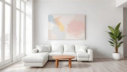 Fototapeta premium Modern Design: White Sofa Paired with Abstract Pastel Wall Art