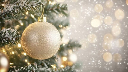 Close up view of a beautifully decorated Christmas tree featuring glowing ornaments and sparkling bokeh lights for a joyful holiday atmosphere