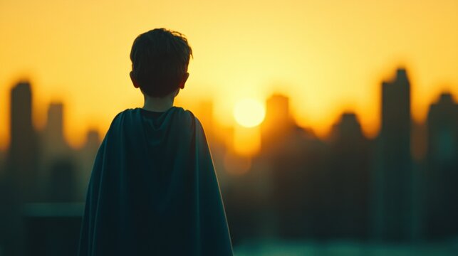 A child in a superhero costume stands on a city rooftop, admiring the colorful sunset while silhouetted against the skyline