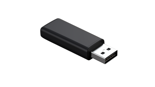 Sleek Black USB Flash Drive Mockup isolated on a transparent background