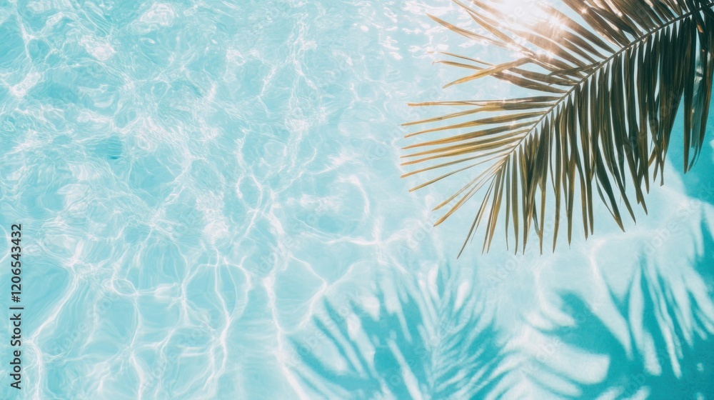 Poster sunlight sparkles on a bright outdoor pool, creating a tranquil atmosphere with palm shadows dancing