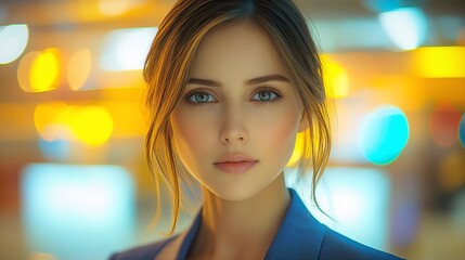 Obraz premium Close-up portrait of a young woman with light brown hair and blue eyes, wearing a blue blazer, against a bokeh background of city lights at night.