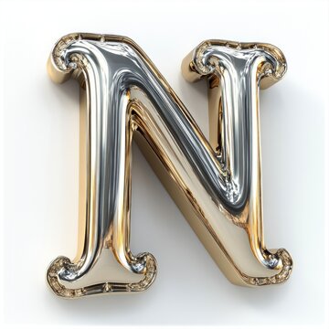 Elegant Gold and Silver Letter N: A 3D Rendered Alphabet