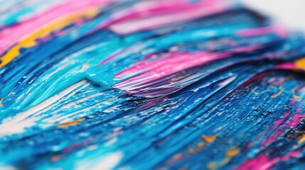 Obraz premium A bold mix of vibrant blue, pink, and yellow oil paint creates a textured surface with flowing patterns and captivating depth