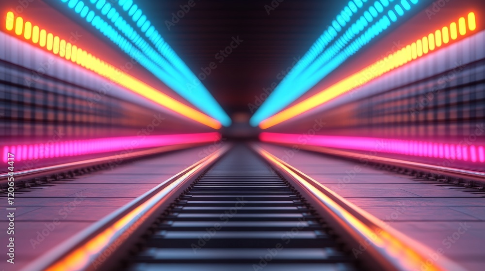 Poster neon train tunnel: a vibrant and surreal digital rendering of a train track receding into a tunnel i
