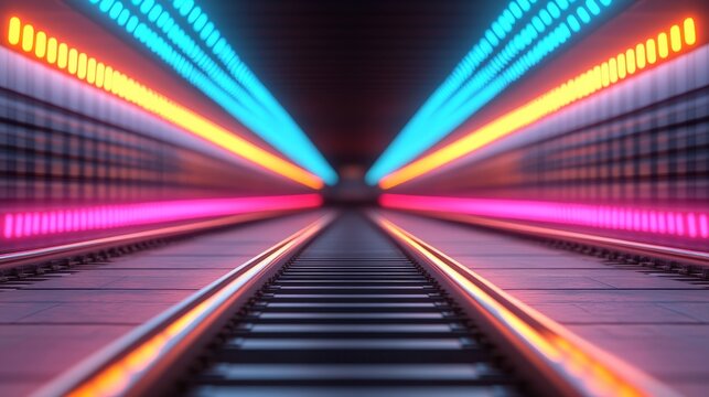 Neon Train Tunnel: A vibrant and surreal digital rendering of a train track receding into a tunnel illuminated by bright neon lights in shades of pink, orange, and blue. - Powered by Adobe