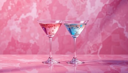 Two Martini Glasses Filled With Pink And Blue Drinks