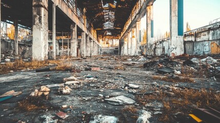 The remnants of a deserted construction site reveal scattered debris, with sunlight filtering through the broken roof as evening approaches