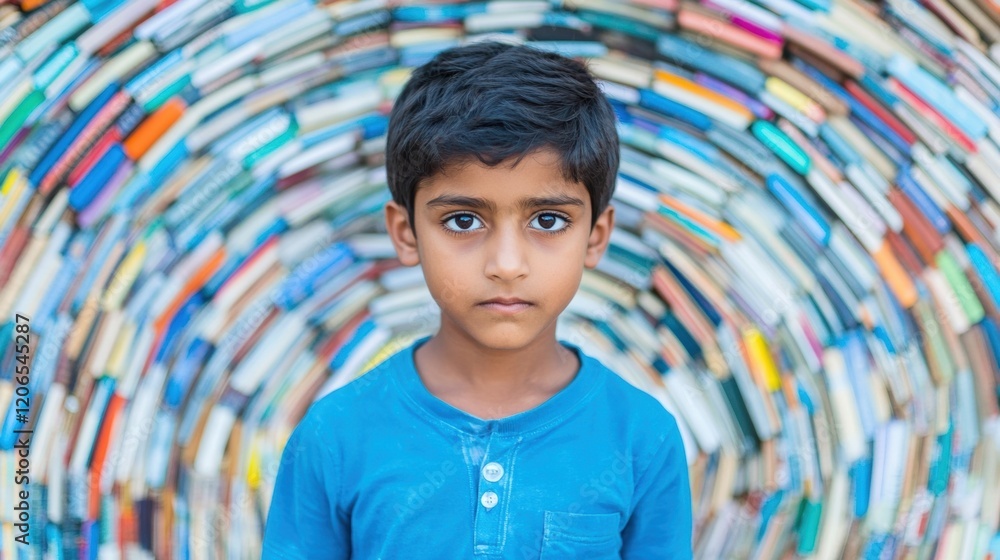 Fototapete a boy gazes directly at the viewer while surrounded by a vibrant array of books forming a circular p