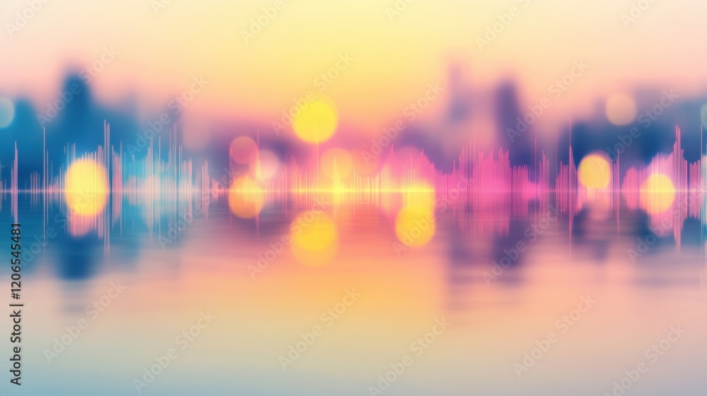 Poster bright waveforms in various colors ripple across a reflective surface at sunset, creating a tranquil