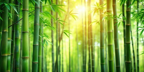 Lush Green Bamboo Forest Bathed in Sunlight, Tranquil Nature Scene
