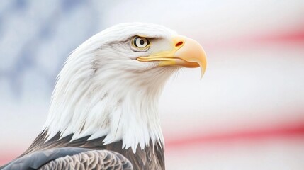 Fototapeta premium Bald Eagle gazes confidently, its majestic presence highlighted by the waving American flag behind, capturing the essence of patriotism