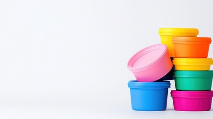 Stack of colorful cups in a variety of sizes arranged on a white background for display or presentation