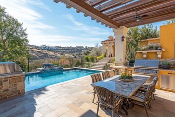 Fototapeta premium Outdoor kitchen with stone benchtops, built-in oven and grill, dining area under a pergola, and a swimming pool with modern home architecture and warm lighting.