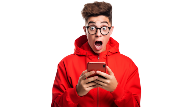 Photo of a shocked young man using a smartphone