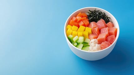 Bowl of assorted food items placed on a vibrant blue background with natural lighting