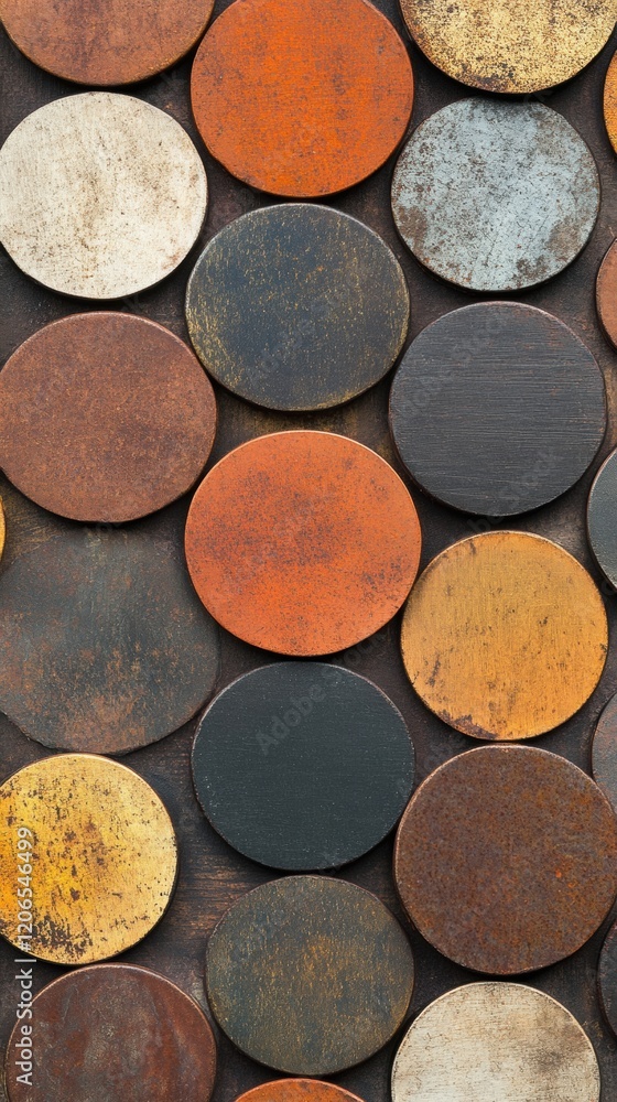 Poster this artwork displays a captivating arrangement of metallic circles in diverse colors and textures, 